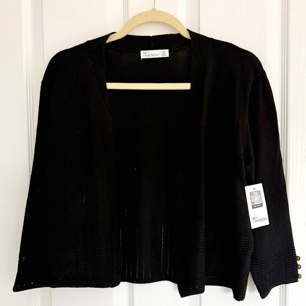 Button Cuff Pointelle Open Cardigan NWT